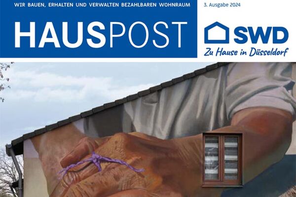 Titelbild der Hauspost-Ausgabe 3/2024 von SWD, das ein Gebäude mit Fassadenkunst nach Urban Art zeigt. Die Ausgabe enthält Neuigkeiten zu Wohnraumprojekten in Düsseldorf.