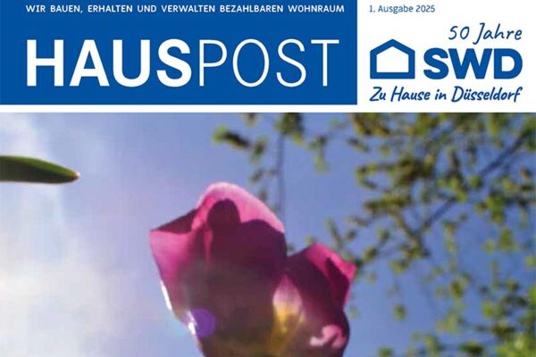 Titelbild der Hauspost-Ausgabe 1/2025 von der SWD, das eine Tulpe im Frühjahr zeigt. Die Ausgabe enthält Informationen zum Thema 50 Jahre SWD sowie Ausflugsmöglichkeiten im Raum Düsseldorf.