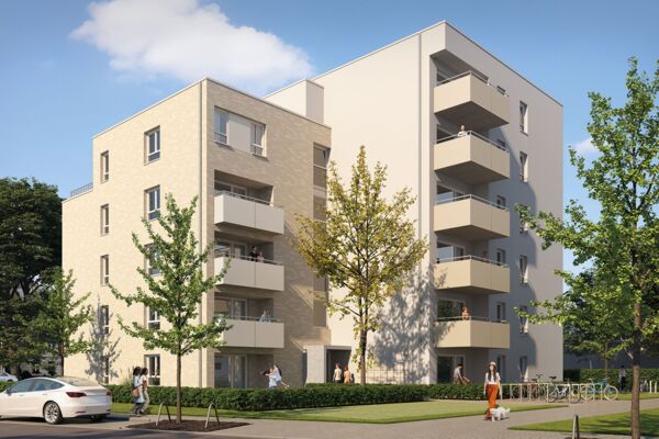 Visualisierung eines Neubaus mit klarer, moderner Architektur und großzügigen Balkonen. Das Bild betont urbanes, umweltfreundliches Wohnen.