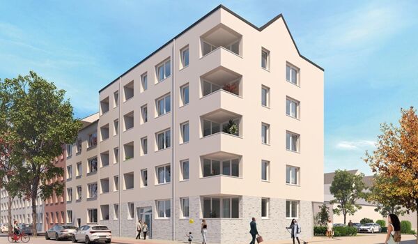 Dieses Gebäude zeigt eine Kombination aus weißer Fassade und Steinunterbau, was ihm ein frisches und ansprechendes Aussehen verleiht. Es befindet sich an einer belebten Straße, die das urbane Flair unterstreicht.