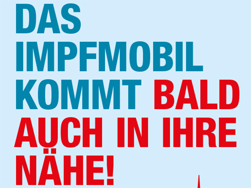 Ein Werbeplakat, das die baldige Ankunft eines Impfmobiles in verschiedenen Stadtteilen ankündigt, um die Zugänglichkeit von Gesundheitsdiensten zu verbessern.