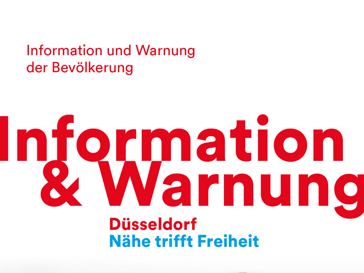 Plakat zur Information und Warnung der Bevölkerung in Düsseldorf. Der Fokus liegt auf wichtigen Sicherheits- und Notfallhinweisen.