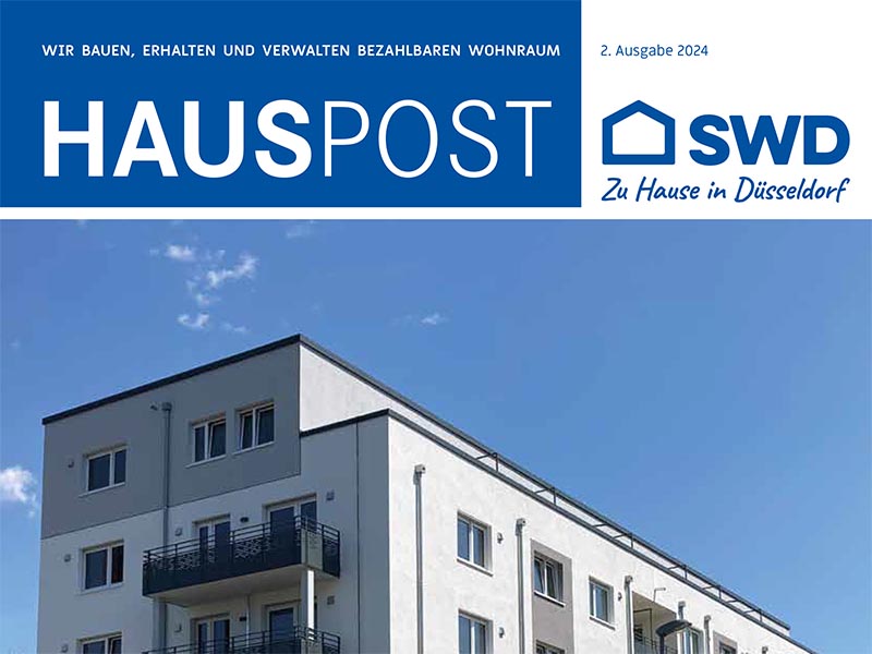 Titelbild der Hauspost-Ausgabe 2/2024 von SWD, das ein modernes Gebäude in klaren Linien zeigt. Die Ausgabe enthält Neuigkeiten zu Wohnraumprojekten in Düsseldorf.