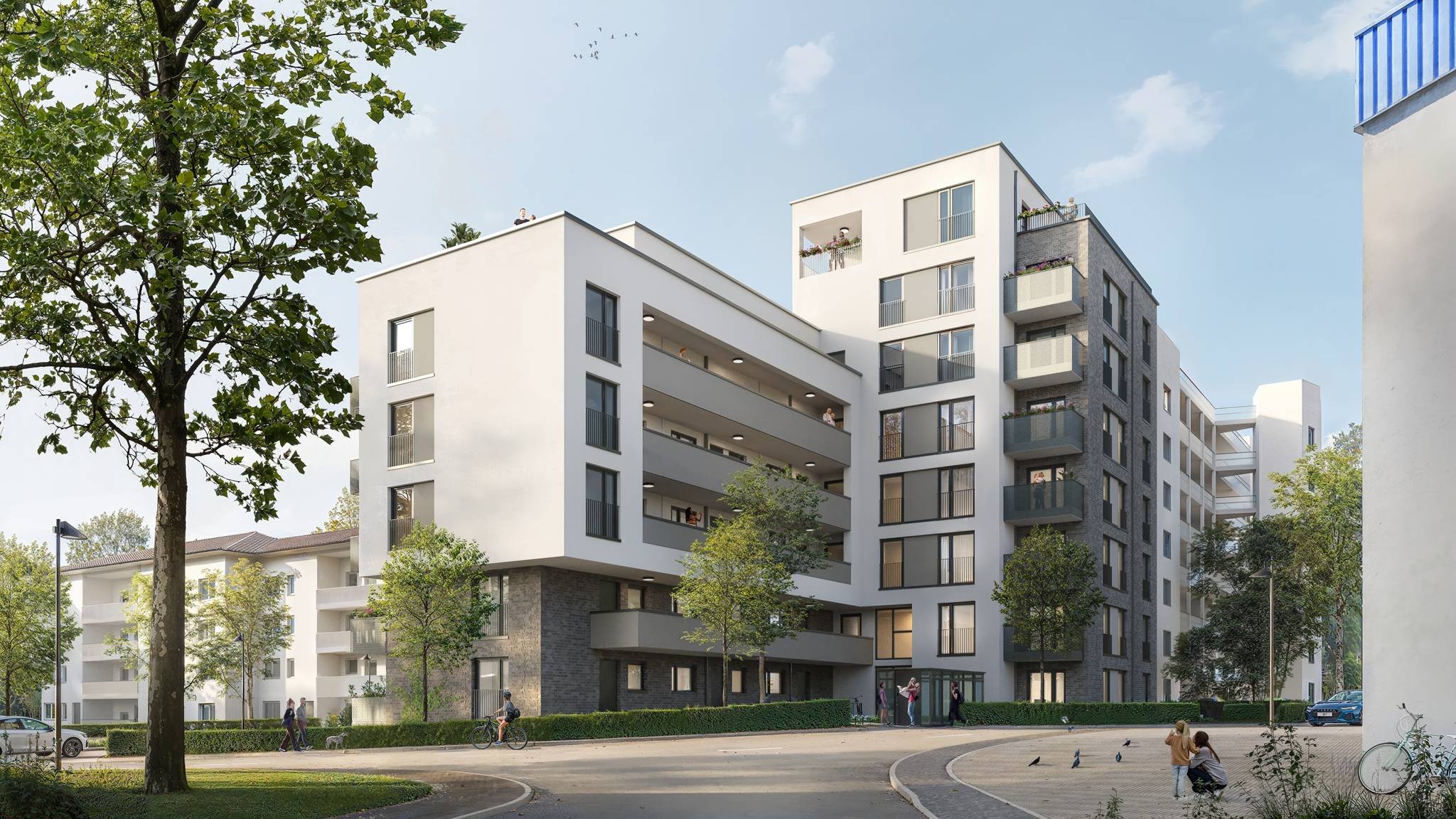 Architekturvisualisierung eines modernen mehrstöckigen Wohngebäudes in einer belebten städtischen Umgebung, charakterisiert durch seine klare weiße Fassade und geräumige Balkone, die das urbane Leben reflektieren.